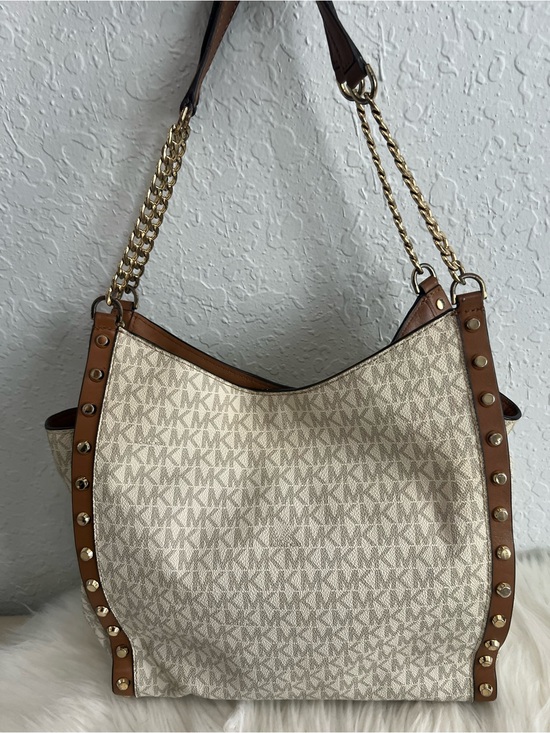 Michael Kors Handbags - Michael Kors Cream Logo Hobo with Brown Trim and Gold Chain